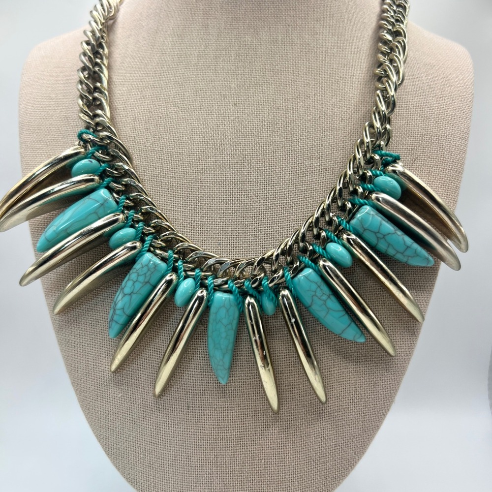 Faux Turquoise‎ Spike Statement Necklace Silver Tone Talon Bib Curb Chain Boho